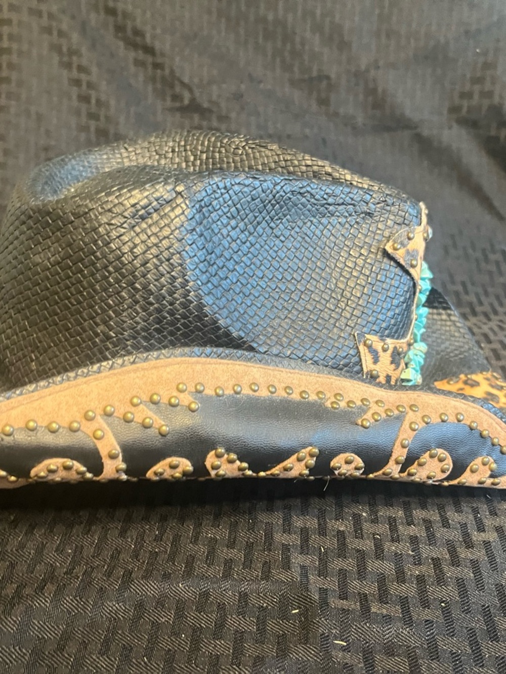 Peter Grimm Black Straw Cowboy Hat with Leopard Trim and Turquoise Cross - Picture 4 of 5